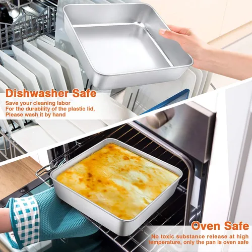 Miniatura 7 de P&P CHEF Molde cuadrado para hornear pasteles con tapa, bandeja de brownie de lasaña de acero inoxidable y cubierta de plástico para picnic, boda