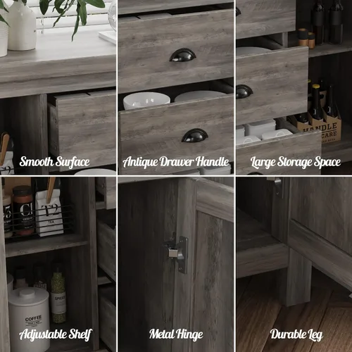 Miniatura 6 de Aparador de cocina con estructura de madera resistente, 3 cajones y 2 puertas con amplio espacio de almacenamiento en gris