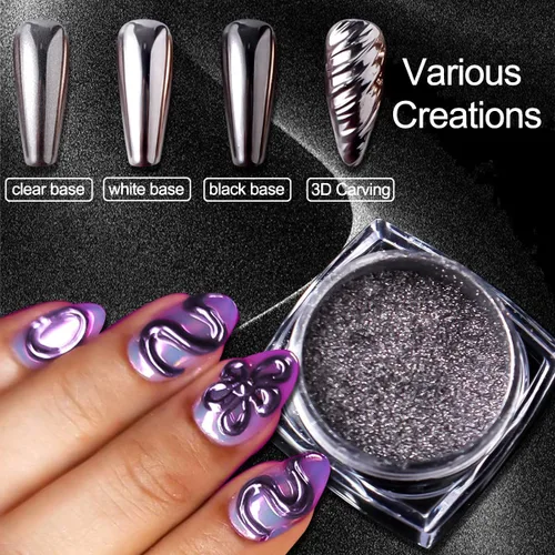 Miniatura 7 de Kit de polvo de uñas cromado de 6 colores, polvo cromado negro dorado rosa para uñas, pigmento de efecto espejo mágico, polvo metálico de frotación