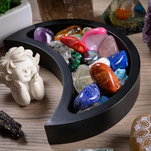 Miniatura 6 de Bandeja de luna creciente – Muestra tus gemas, piedras curativas y tesoros – Bandeja de exhibición de cristal de madera de 6 x 3 pulgadas, soporte