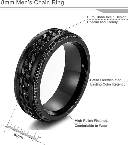 Miniatura 2 de FIBO STEEL - Anillos de acero inoxidable de 8mm para hombres, anillos con cadena incrustada y borde con textura, disponible en tallas 7-14