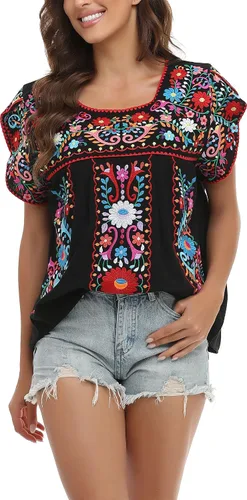 Miniatura 3 de YZXDORWJ Blusa de verano para mujer, estilo bohemio, estilo mexicano, con bordado, estilo bohemio