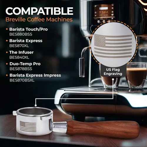 Miniatura 2 de Portafiltro sin fondo de 2.126 in compatible con Breville de 2.126 in con grabado único de la bandera de Estados Unidos, enriquece tu café espresso