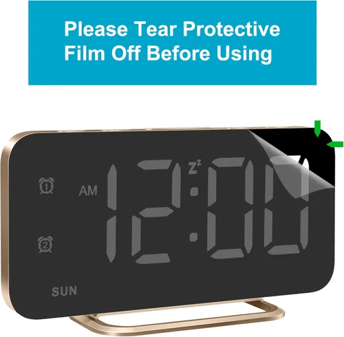 Miniatura 9 de Reloj de alarma digital LED delgado, superficie de espejo para maquillaje, con atenuación, pantalla grande, configuración fácil, puertos USB