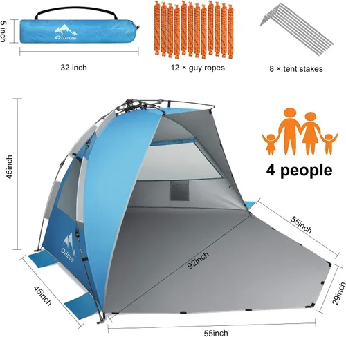 Miniatura 2 de Oileus - Tienda de campaña de playa XL para 4 personas, tienda de campaña portátil instantánea para playa con bolsa de transporte, estacas, 6 bolsas