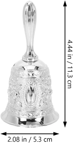 Miniatura 4 de Vaguelly Campana de mano decorativa pequeña de 4.52 x 2.08 x 2.08 pulgadas, accesorio de instrumento musical plateado para escuela, educación, Plata