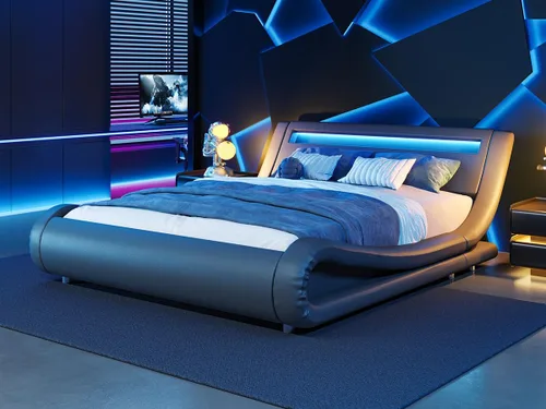 Miniatura 11 de WEEWAY Moderno marco de cama matrimonial con cabecera de luces LED RGBW, diseño de trineo tapizado de perfil bajo, soporte de listones de madera