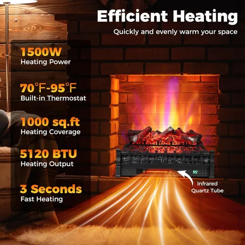 Miniatura 5 de ORALNER Inserto de Chimenea Eléctrica WiFi de 26", Calentador de Troncos, Cuarzo Infrarrojo con Sonido Crepitante, Control Remoto, Temporizador 8H