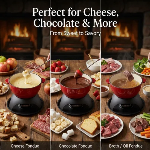 Miniatura 6 de Artestia Olla de fondue de hierro fundido para chocolate, olla de fondue de queso de 5 tazas con 6 tenedores de colores para fiesta de fondue, 4-6