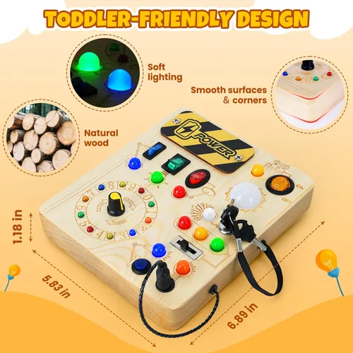 Miniatura 5 de Tablero de actividades, juguetes Montessori para niños de 1 año o más, tablero de actividades con 13 luces LED, juguete educativo de viaje de madera