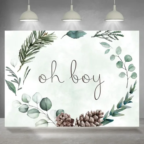 Telón de fondo Oh Boy de 7 x 5 pies con vegetación para baby shower, fondo de fotografía de Navidad, hojas verdes, eucalipto botánico, decoración de