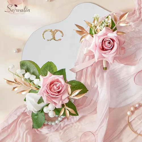 Miniatura 5 de Serwalin Conjunto de Corsage y Boutonniere Rosa, Corsage y Boutonniere de Graduación, Conjunto de Flores de Boda, Accesorios de Homecoming