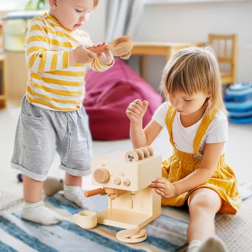 Miniatura 7 de ibwaae Cafetera para niños, 10 piezas, juego de cafetera de juguete, juego de cocina de madera, juguetes para niños pequeños, accesorios de cocina