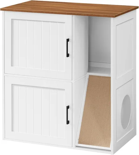 Miniatura 10 de MAHANCRIS Caja de Arena Cerrada para 2 Gatos, Mueble de Caja de Arena Oculta con Almohadilla Rascadora, Recinto de Cajas de Arena Dobles, Baño