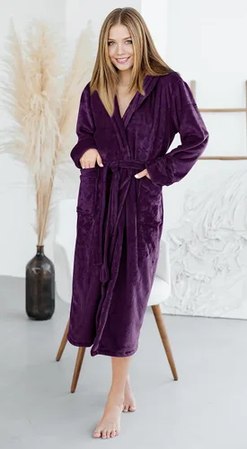 Miniatura 4 de NY Threads - Bata de baño de vellón para mujer con cuello tipo chal, bata larga y suave
