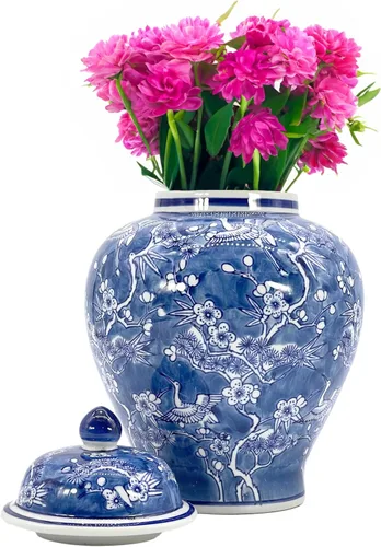 Miniatura 8 de Galt International Tarro chinoiserie de grúa floral azul y blanco de 12 pulgadas con tapa, tarro de jengibre, almacenamiento de té, decorativo