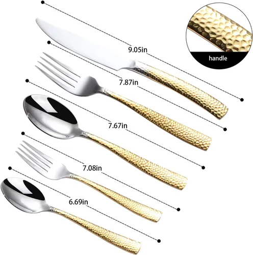 Miniatura 4 de Juego de cubiertos martillados para 4, tenedores y cucharas de acero inoxidable 18/10, juego de cubiertos dorados de 20 piezas, pulido con espejo