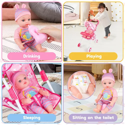 Miniatura 7 de deAO Juego de cochecito de muñeca de bebé de 12 pulgadas con cochecito de muñeca plegable, 15 piezas, accesorios para muñecas de bebé para niños