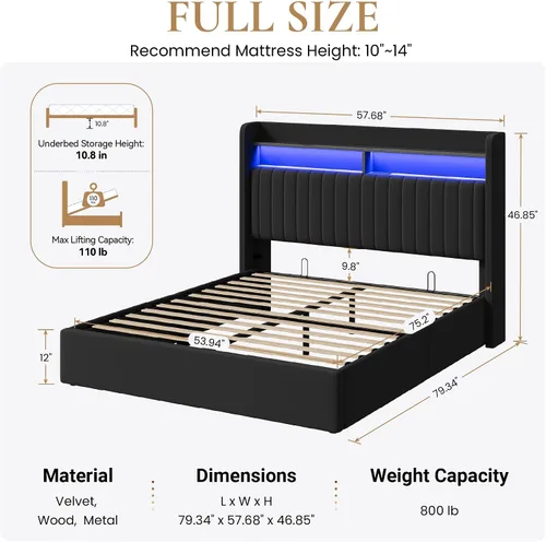 Miniatura 2 de SHA CERLIN - Estructura de cama de tamaño matrimonial con almacenamiento elevado/Luces LED/Estación de carga/Cabecero con estantes de 2 niveles/USB