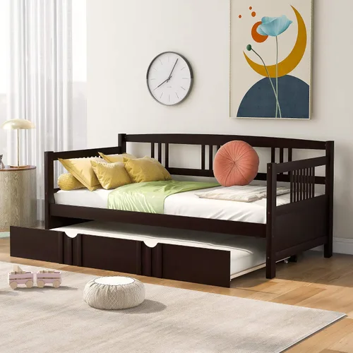 Miniatura 10 de Polibi Sofá cama de tamaño individual con dos cajones, marco de sofá cama de madera con rieles para sala de estar, dormitorio, color espresso