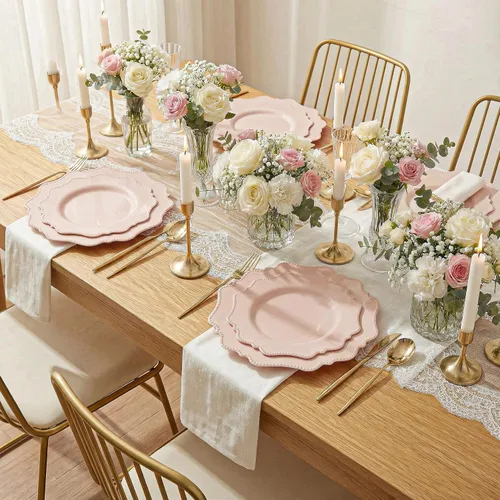Miniatura 7 de COLOSUS Juego de platos desechables de plástico rosa para fiesta, paquete de 60 (30 invitados), platos para cena y ensalada/postre para primavera