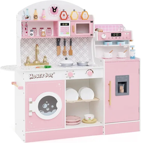 Miniatura 10 de HONEY JOY Juego de cocina para niños, juego de cocina de juguete de madera con luces, cafetera, microondas, fregadero, máquina de hielo, lavadora