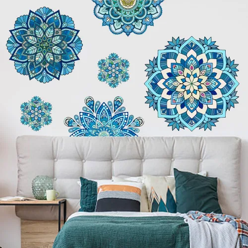 Miniatura 3 de SUPERDANT Decoración de pared de mandala azul, calcomanía de pared de vinilo con patrón de mandala bohemio, decoración del hogar, calcomanías