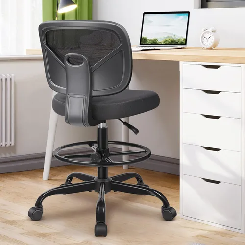 Miniatura 2 de Primy Silla Alta de Escritorio de Dibujo - Sin Brazos, Altura Ajustable, Respaldo de Malla, con Ruedas, Silla de Escritorio de Pie para Sala de Negro
