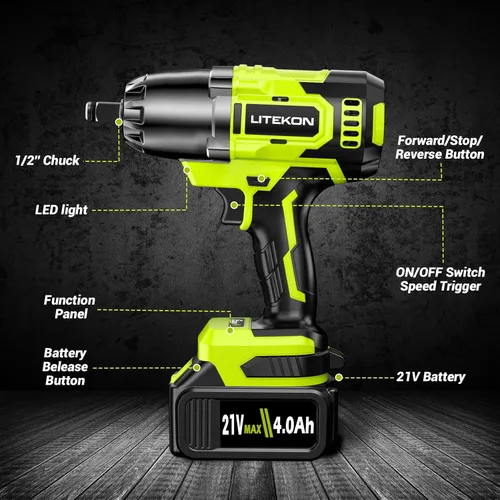 Miniatura 6 de Llave de impacto inalámbrica de 1/2 pulgada, herramienta de impacto de alta potencia sin escobillas de 480 pies-libra (650 N·m) con batería