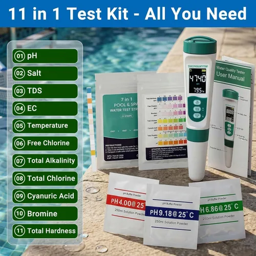 Miniatura 2 de Kit de probador digital de agua para piscina 11 en 1 que incluye probador de sal 5 en 1 para piscina de agua salada y tiras de prueba de piscina 7