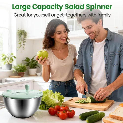Miniatura 2 de Ensaladera de acero inoxidable 3 en 1, base antideslizante y parada con un solo toque, secadora de verduras para cocinas, fiestas y personas
