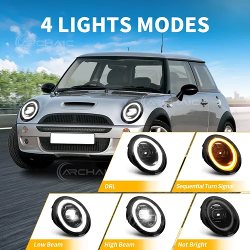 Miniatura 2 de Archaic Faros delanteros compatibles con Mini Coopers R50 R52 R53 2001-2007, luces delanteras W señales de giro secuenciales, animación DRL, par