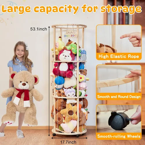 Miniatura 2 de Almacenamiento de animales de peluche con ruedas, organizador de juguetes de madera con capacidad extragrande, soporte de felpa que ahorra espacio