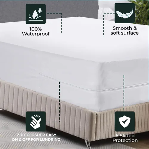 Miniatura 2 de Feather & Stitch - Protector de colchón de alta calidad, funda de colchón con cremallera, 100% impermeable, de punto de poliéster, absorbente, funda