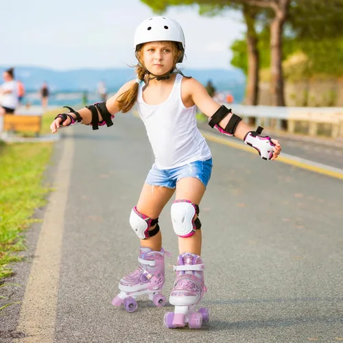 Miniatura 4 de MammyGol Patines de Ruedas para Niñas Niños, 4 Tamaños Ajustables Patines Cuádruples para Niños Pequeños Interiores Exteriores Edades 3-8, Rosa Azul