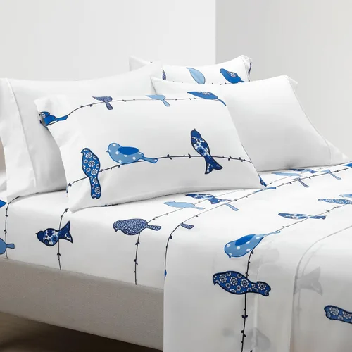 Lush Decor Rowley Birds - Juego de sábanas suaves, juego de 6 piezas, tamaño matrimonial, color azul marino, sábanas de pájaros coloridos, sábanas