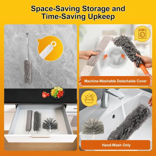 Miniatura 8 de Tiumso Kit de plumero de microfibra 5 en 1, plumeros para limpieza, plumero con poste de extensión de 100 pulgadas, plumero de telaraña, plumeros