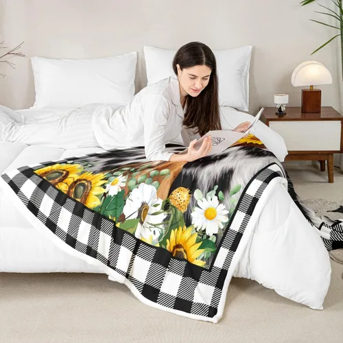 Miniatura 7 de Bonita manta de vaca de las tierras altas, mantas de girasol para niños y adolescentes, manta de forro polar a cuadros con estampado de piel de vaca