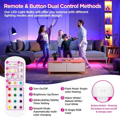 Miniatura 4 de Yochoice Bombilla de luz recargable con batería operada con control remoto E12, bombilla LED regulable con 15 colores seleccionables y 3