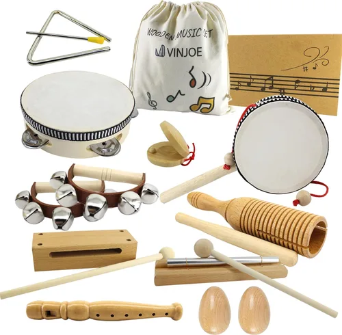 VINJOE Juego de música de madera - Juguetes de instrumentos musicales para niños, instrumentos de percusión de madera natural, juguete para
