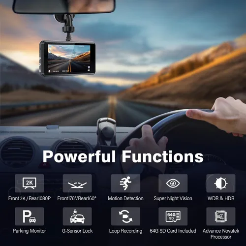 Miniatura 2 de Cámara de tablero dual 2K para automóviles, tarjeta SD 64G gratis, cámara de tablero FHD 2K+1080P frontal y trasera, pantalla IPS de 3.2'', cámara