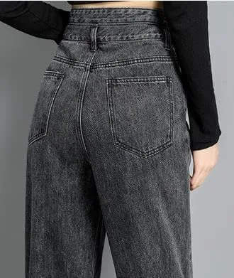 Miniatura 5 de DGHM-JLMY Pantalones de mezclilla sueltos de cintura alta para mujer, pantalones de mezclilla rectos desgastados, holgados y casuales de cintura alta