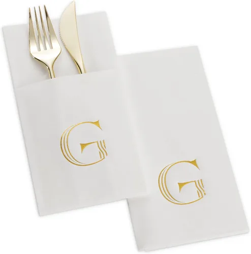 Miniatura 8 de Paquete de 50 servilletas con monograma con bolsillo para cubiertos, 16 x 16 pulgadas, servilletas desechables de lino con letra B, servilletas