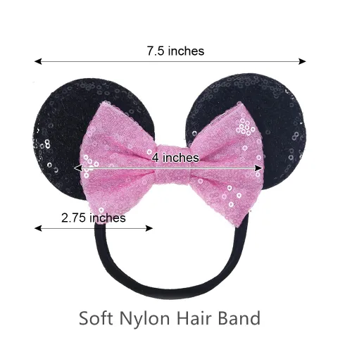 Miniatura 2 de Diadema de orejas de ratón con lazo de lentejuelas, banda elástica suave para el pelo, diadema de fiesta para bebés, niñas recién nacidas, niños