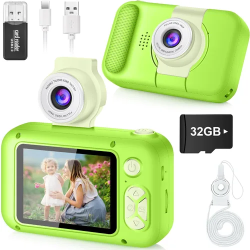 Miniatura 18 de ARNSSIEN Cámara para niños, cámara digital de juguete para niños pequeños con lente abatible de 180°, pantalla IPS de 2.4 pulgadas, tarjeta de 32