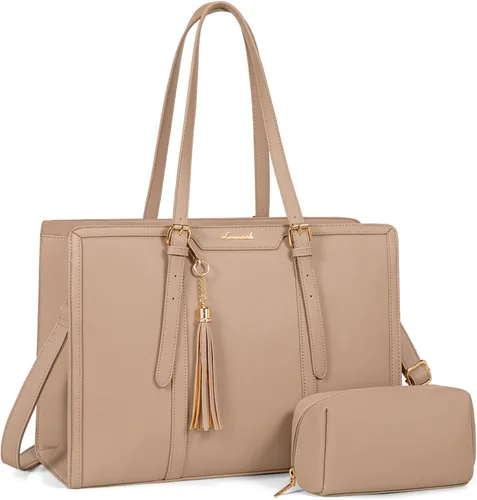 Miniatura 10 de LOVEVOOK Bolsa para laptop para mujer, bolsa de lona ligera de 15.6 pulgadas, bolsa grande para computadora, con bolso de mano, para negocios, Beige
