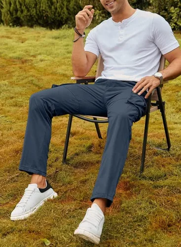 Miniatura 4 de JMIERR Pantalones cargo para hombre, casuales, de algodón, ajuste relajado, cintura elástica, ligeros, con múltiples bolsillos