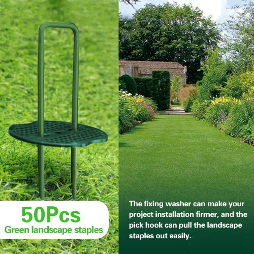 Miniatura 3 de Bakulyor 50 piezas Estacas Grapas de Césped Artificial Verde + 50 piezas Arandelas Amortiguadoras, Estacas de Paisaje de 6 Pulgadas Calibre 11