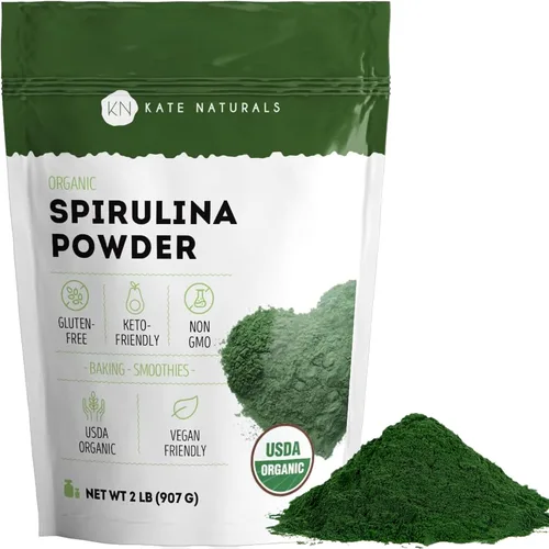 Kate Naturals Polvo de espirulina orgánica. Superalimento denso en nutrientes para batidos y jugos (2 libras, certificado USDA, sin OMG, sin gluten)