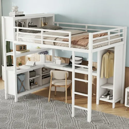 Miniatura 14 de SOFTSEA Cama tipo loft de metal completo con escaleras y armario, cama alta para niños con barandillas en forma de casa y estantes de Negro
